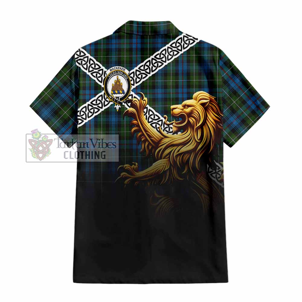 Tartan Vibes Clothing Mackenzie (Mckenzie) Crest Tartan Short Sleeve Button Shirt with Golden Lion Emblem Celtic Style