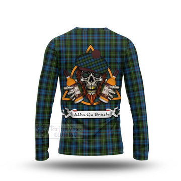 Mackenzie (Mckenzie) Tartan Long Sleeve T-Shirt with Family Crest and Bearded Skull Holding Bottles of Whiskey