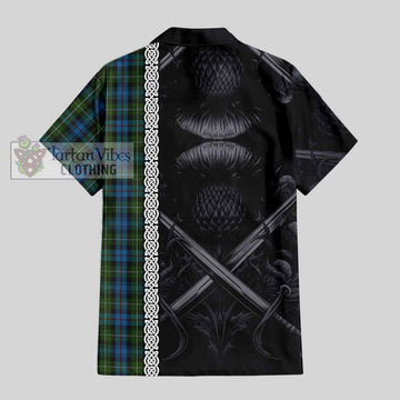 Tartan Vibes Clothing Mackenzie (Mckenzie) Tartan Short Sleeve Button Shirt with Family Crest Cross Sword Thistle Celtic Vibes