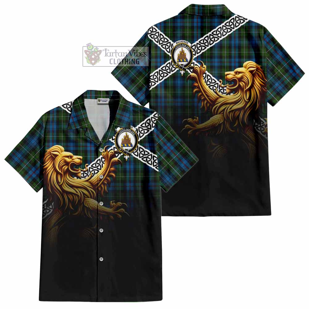 Tartan Vibes Clothing Mackenzie (Mckenzie) Crest Tartan Short Sleeve Button Shirt with Golden Lion Emblem Celtic Style