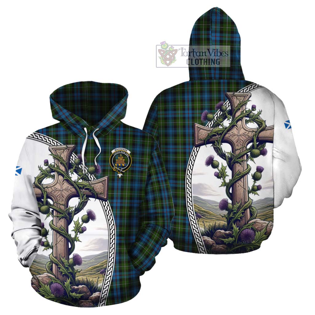 Tartan Vibes Clothing Mackenzie (Mckenzie) Tartan Cotton Hoodie with Family Crest and St. Andrew's Cross Accented by Thistle Vines