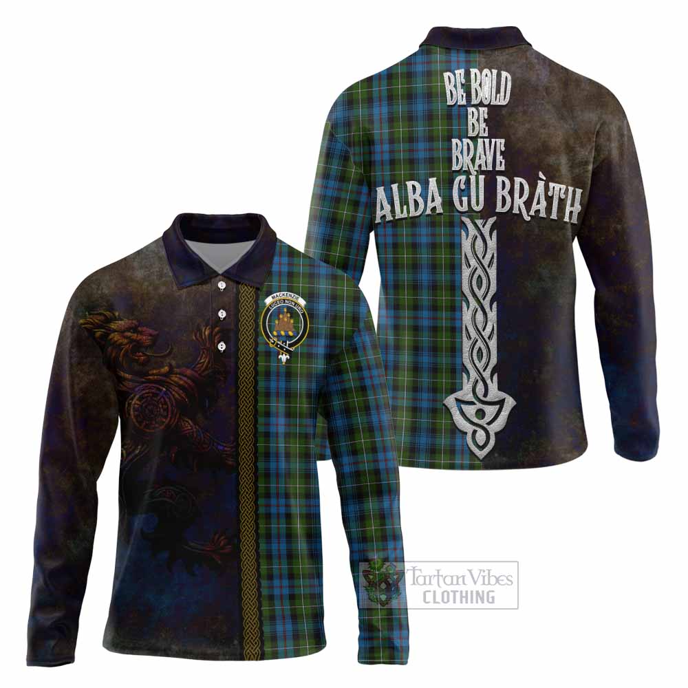 Tartan Vibes Clothing Mackenzie (Mckenzie) Tartan Family Crest Long Sleeve Polo Shirt Alba Gu Brath Be Brave Lion Ancient Style
