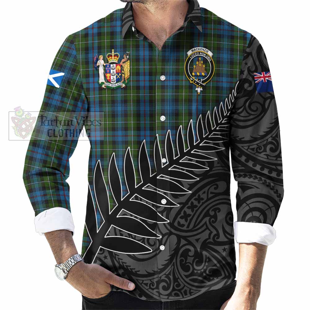 Tartan Vibes Clothing Mackenzie (Mckenzie) Crest Tartan Long Sleeve Button Shirt with New Zealand Silver Fern Half Style