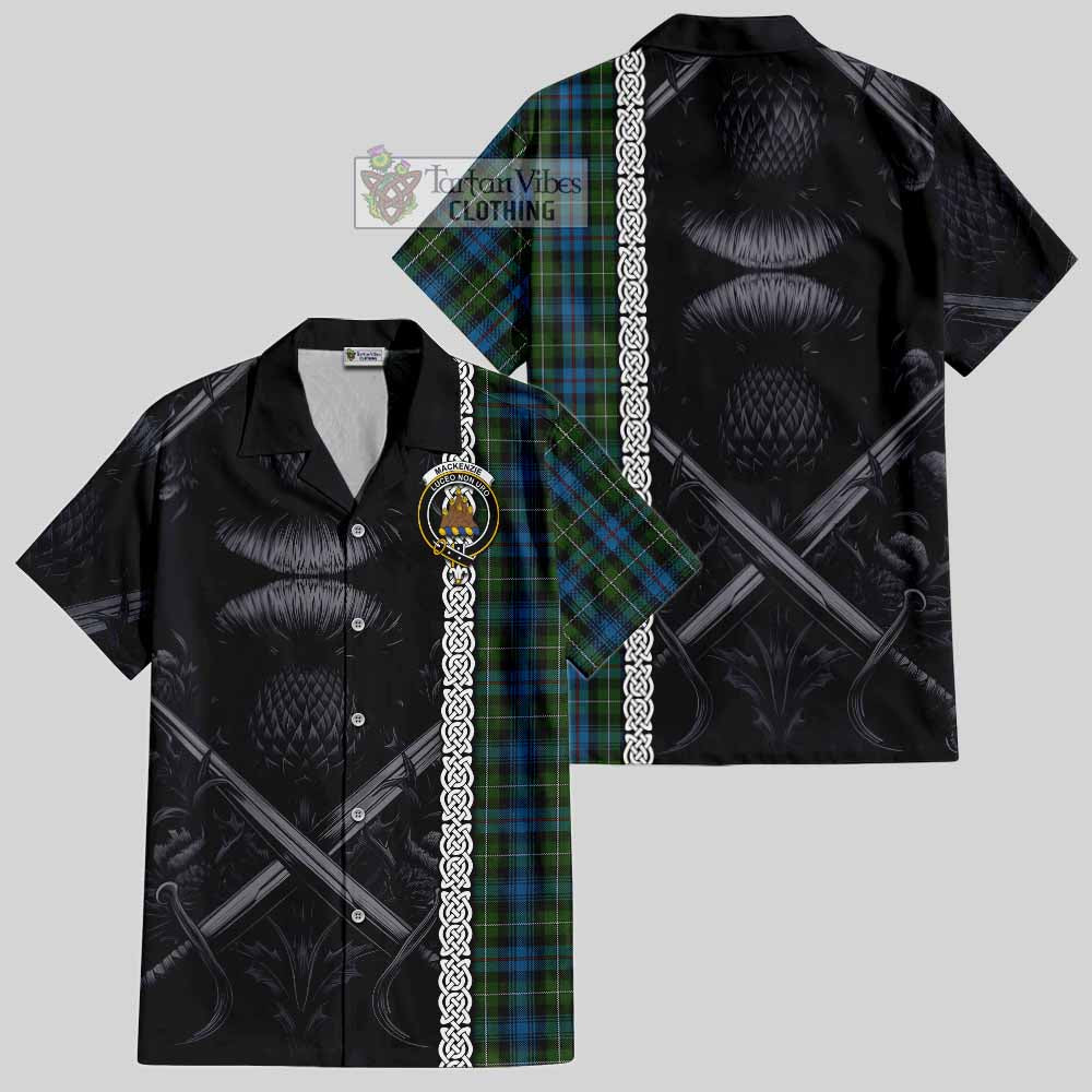 Tartan Vibes Clothing Mackenzie (Mckenzie) Tartan Short Sleeve Button Shirt with Family Crest Cross Sword Thistle Celtic Vibes