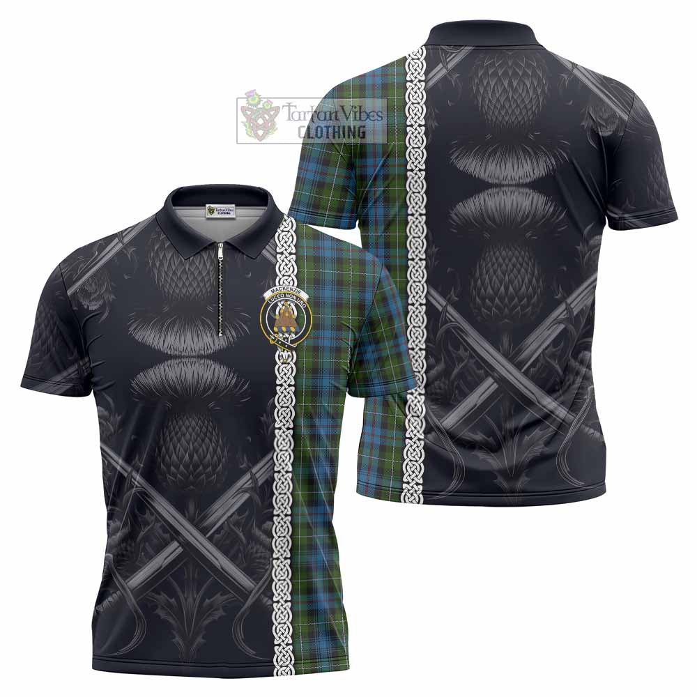 Tartan Vibes Clothing Mackenzie (Mckenzie) Tartan Zipper Polo Shirt with Family Crest Cross Sword Thistle Celtic Vibes