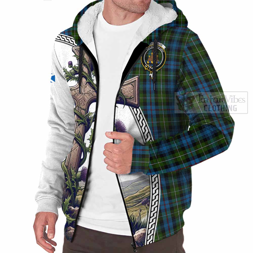 Tartan Vibes Clothing Mackenzie (Mckenzie) Tartan Sherpa Hoodie with Family Crest and St. Andrew's Cross Accented by Thistle Vines