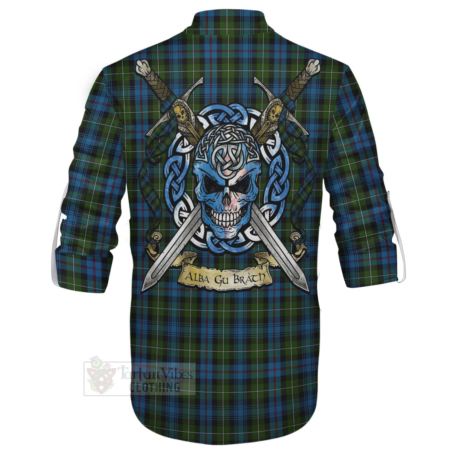 Tartan Vibes Clothing Mackenzie (Mckenzie) Tartan Ghillie Kilt Shirt with Family Crest Celtic Skull Style