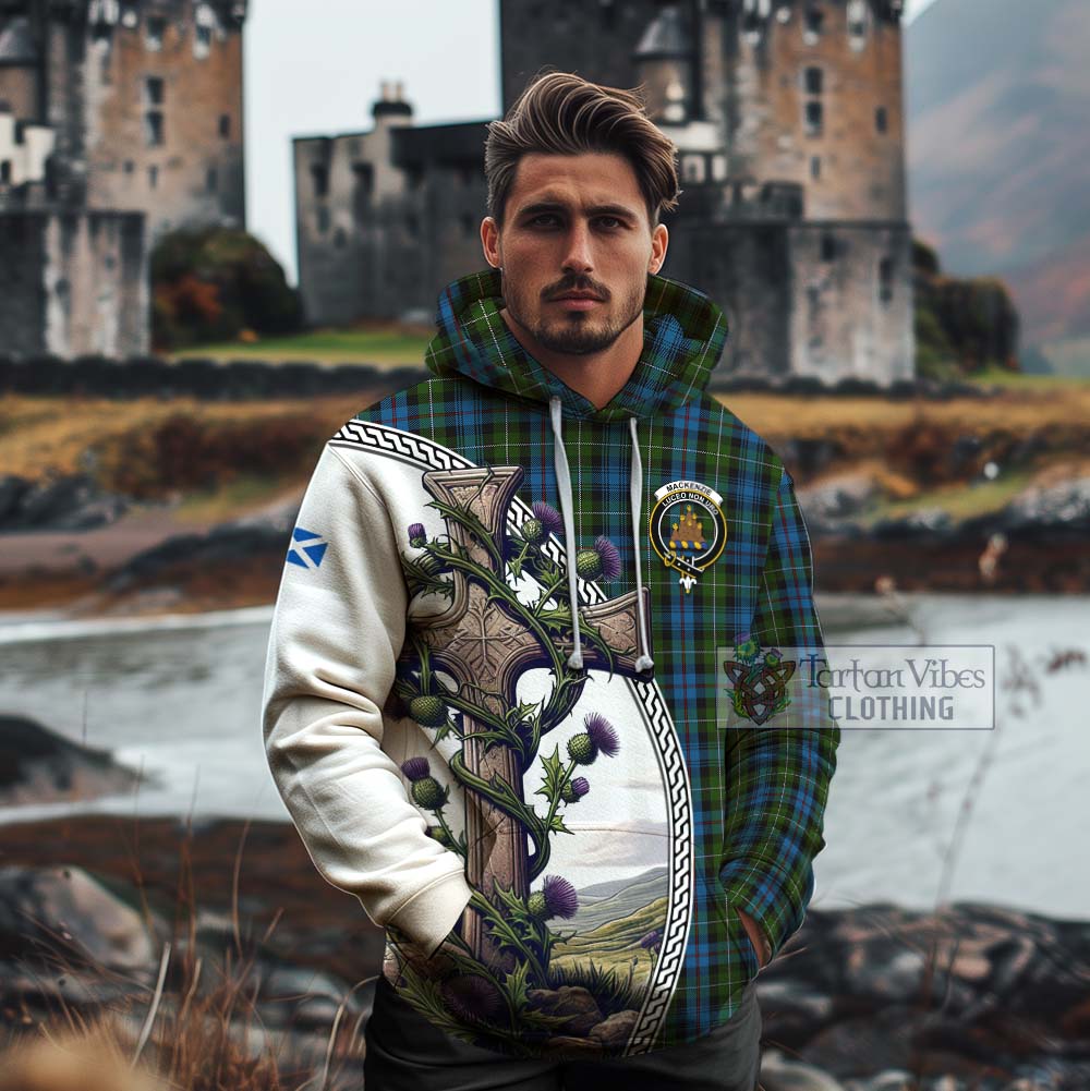 Tartan Vibes Clothing Mackenzie (Mckenzie) Tartan Cotton Hoodie with Family Crest and St. Andrew's Cross Accented by Thistle Vines