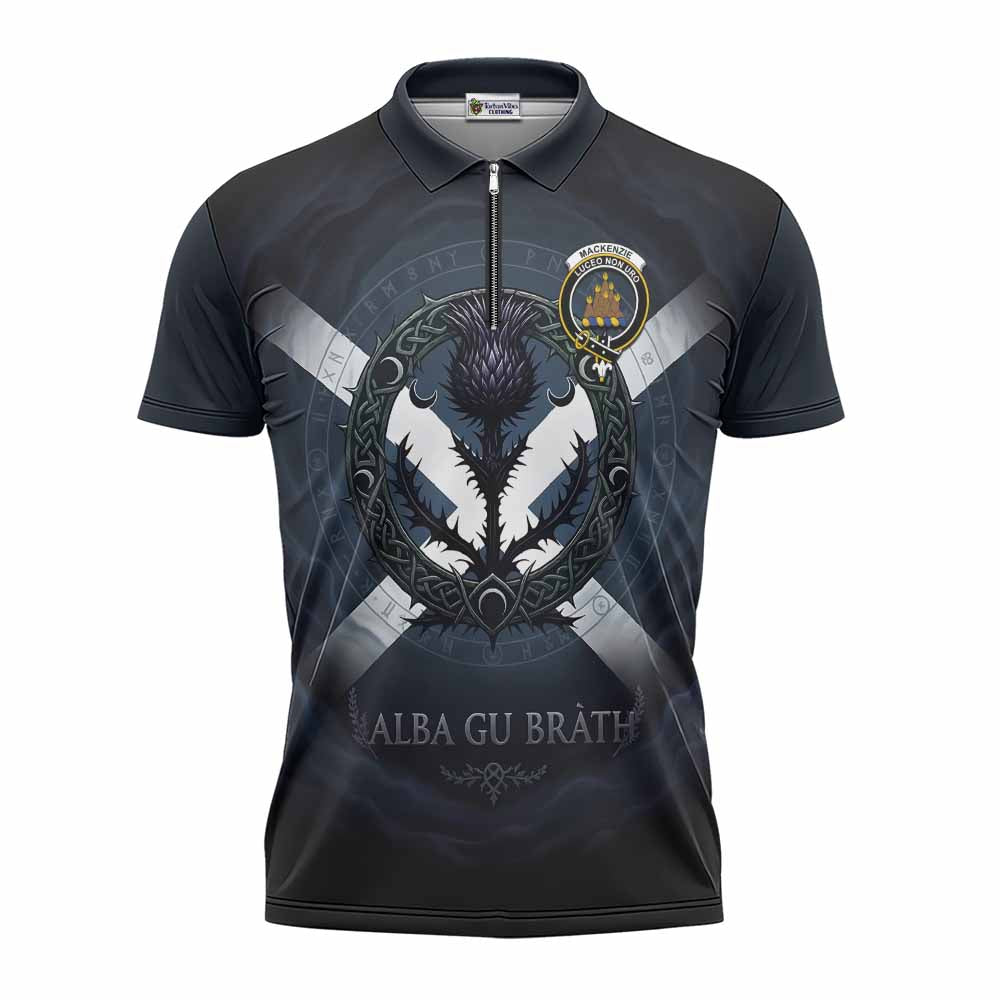 Mackenzie (Mckenzie) Clan Crest Zipper Polo Shirt with Celtic Knot Thistle and Saltire