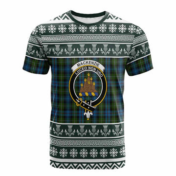 Mackenzie (Mckenzie) Clan Tartan Christmas Cotton T-shirt with Family Crest