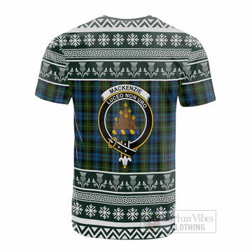 Mackenzie (Mckenzie) Clan Tartan Christmas Cotton T-shirt with Family Crest