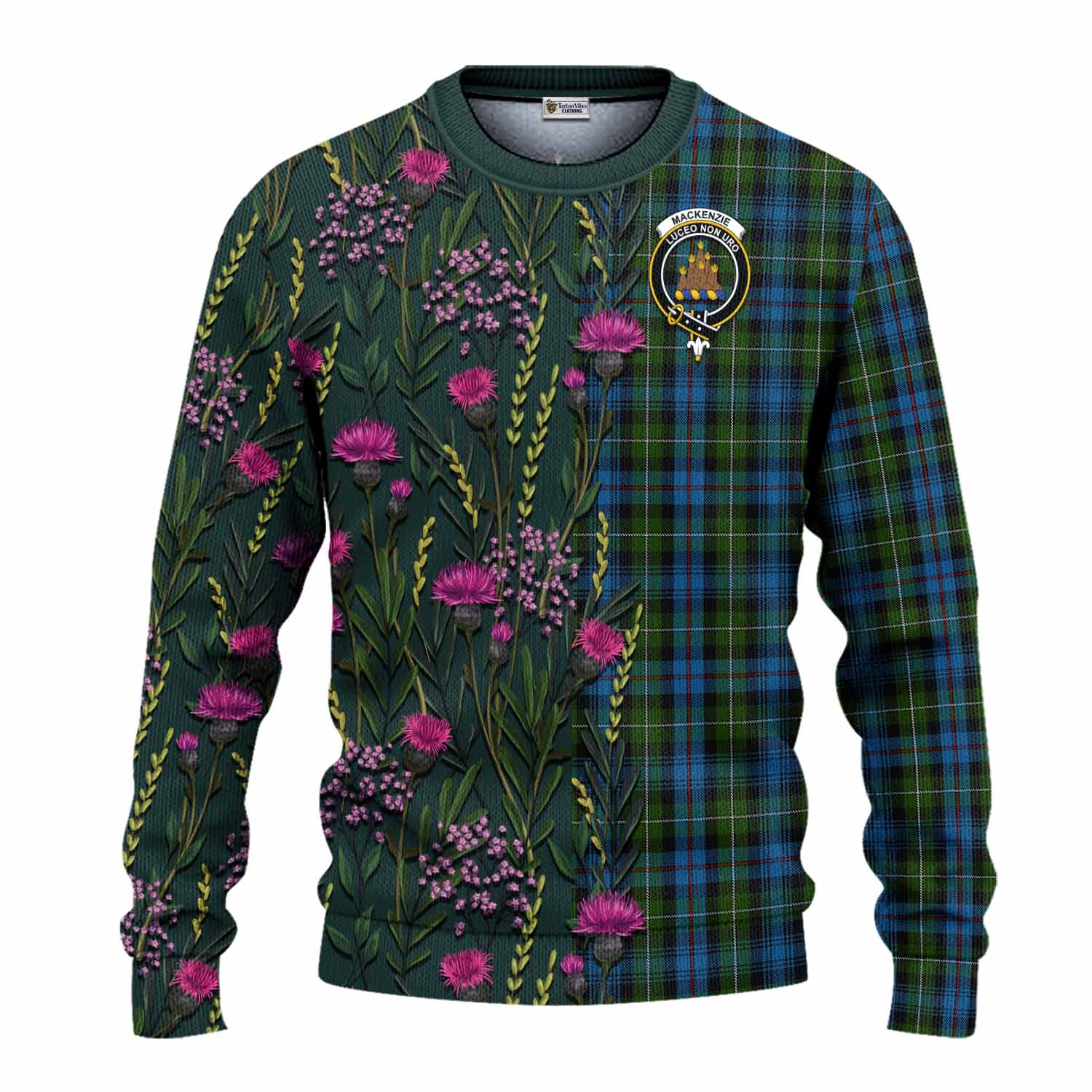 Mackenzie (Mckenzie) Family Crest Tartan Knitted Sweater Scottish Thistle Flower Pattern Half Style - Tartan Vibes Clothing