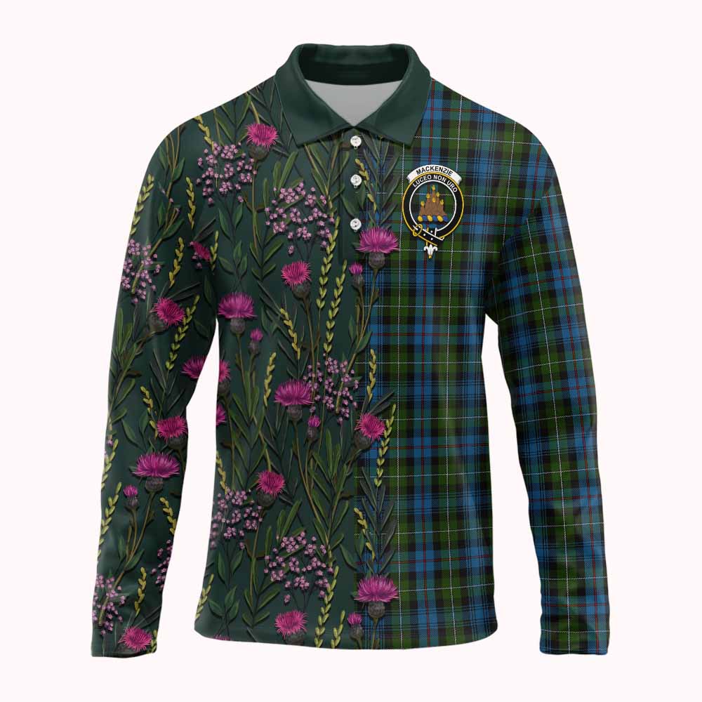 Mackenzie (Mckenzie) Family Crest Tartan Long Sleeve Polo Shirt Scottish Thistle Flower Pattern Half Style - Tartan Vibes Clothing