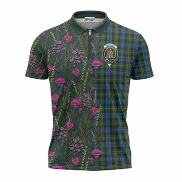 Mackenzie (Mckenzie) Family Crest Tartan Zipper Polo Shirt Scottish Thistle Flower Pattern Half Style