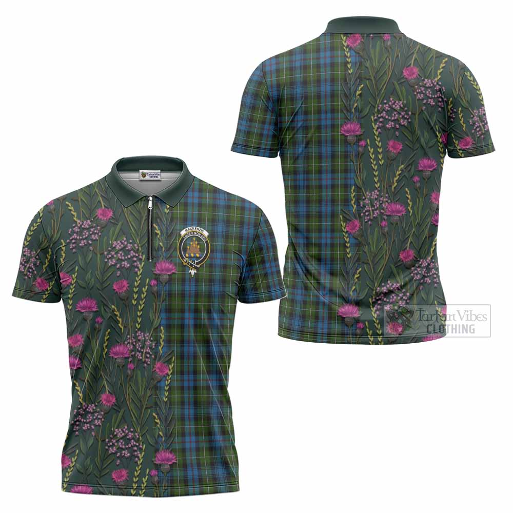 Mackenzie (Mckenzie) Family Crest Tartan Zipper Polo Shirt Scottish Thistle Flower Pattern Half Style - Tartan Vibes Clothing