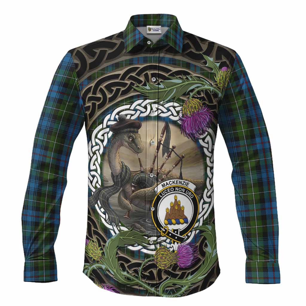 Mackenzie (Mckenzie) Tartan Crest Bagpipe Nessie Long Sleeve Button Shirts Scottish Loch Ness Monster Celtic Thistle
