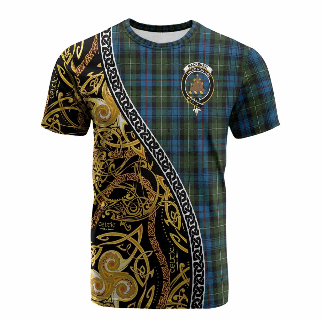 Mackenzie (Mckenzie) Tartan Crest Cotton T-shirt Celtic Knot and Triple Trickle Spiral Symbols
