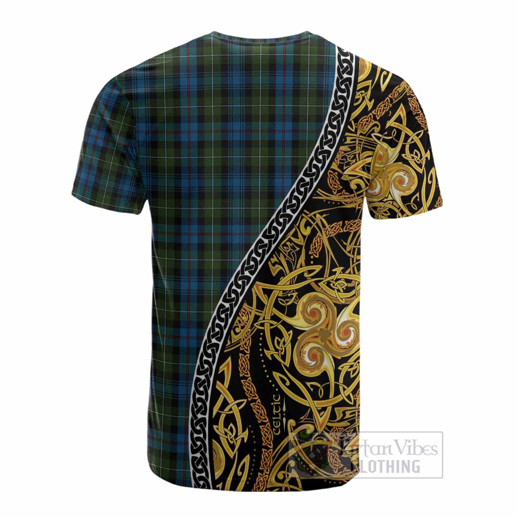 Mackenzie (Mckenzie) Tartan Crest Cotton T-shirt Celtic Knot and Triple Trickle Spiral Symbols