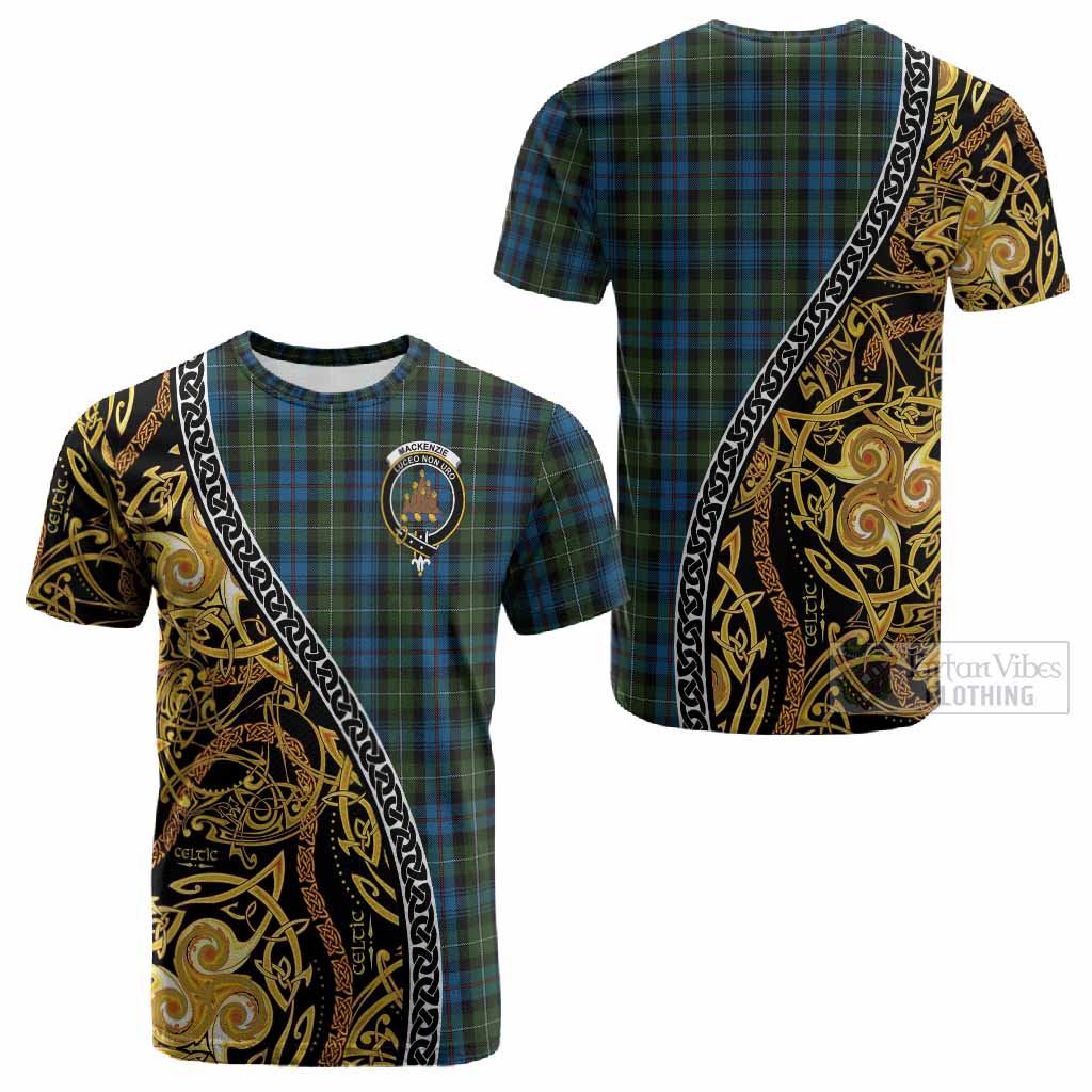 Mackenzie (Mckenzie) Tartan Crest Cotton T-shirt Celtic Knot and Triple Trickle Spiral Symbols