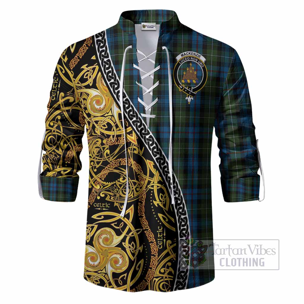 Mackenzie (Mckenzie) Tartan Crest Ghillie Shirt Celtic Knot and Triple Trickle Spiral Symbols