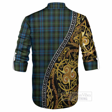 Mackenzie (Mckenzie) Tartan Crest Ghillie Shirt Celtic Knot and Triple Trickle Spiral Symbols