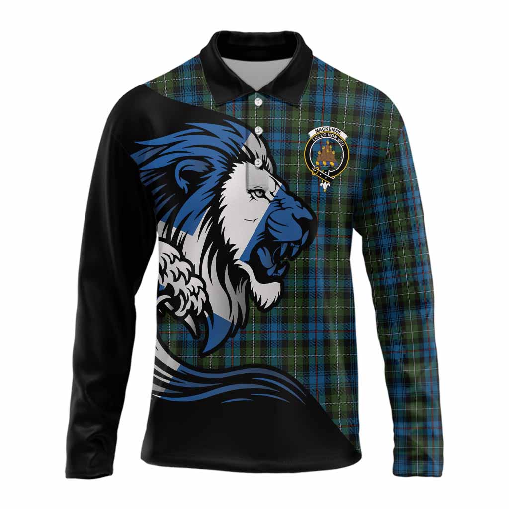 Mackenzie (Mckenzie) Tartan Crest Long Sleeve Polo Shirt Scottish Golden Lions Wave Flow