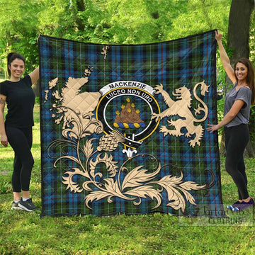 Mackenzie (Mckenzie) Tartan Crest Premium Quilt with Scottish Iconic Symbols 