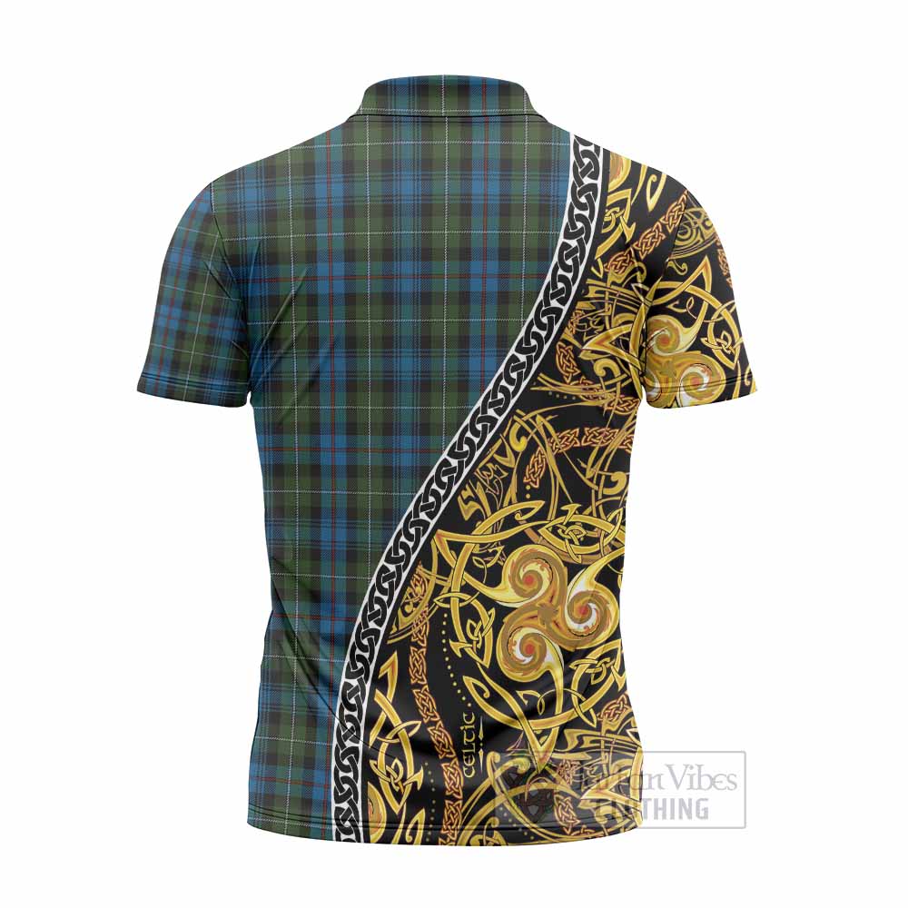 Mackenzie (Mckenzie) Tartan Crest Zipper Polo Shirt Celtic Knot and Triple Trickle Spiral Symbols