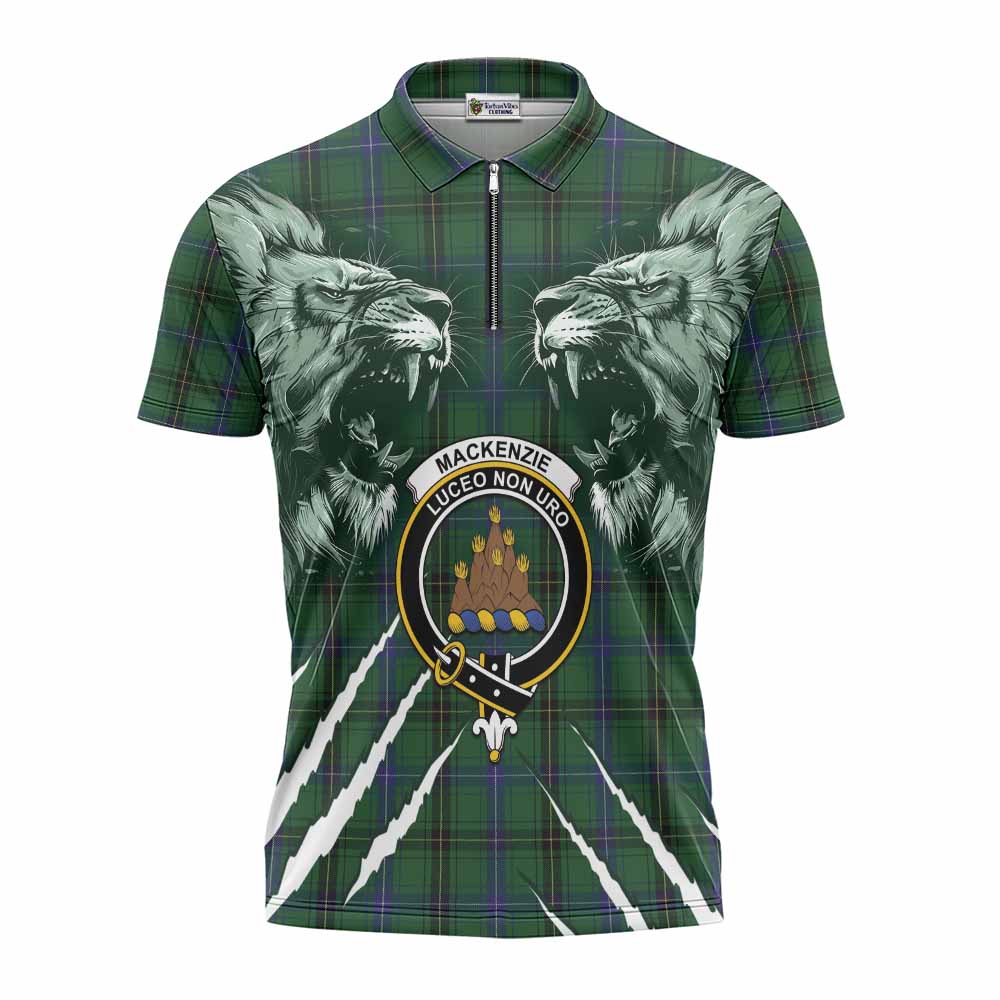 Mackenzie (Mckenzie) Tartan Crest Zipper Polo Shirt Ferocious Lion Style