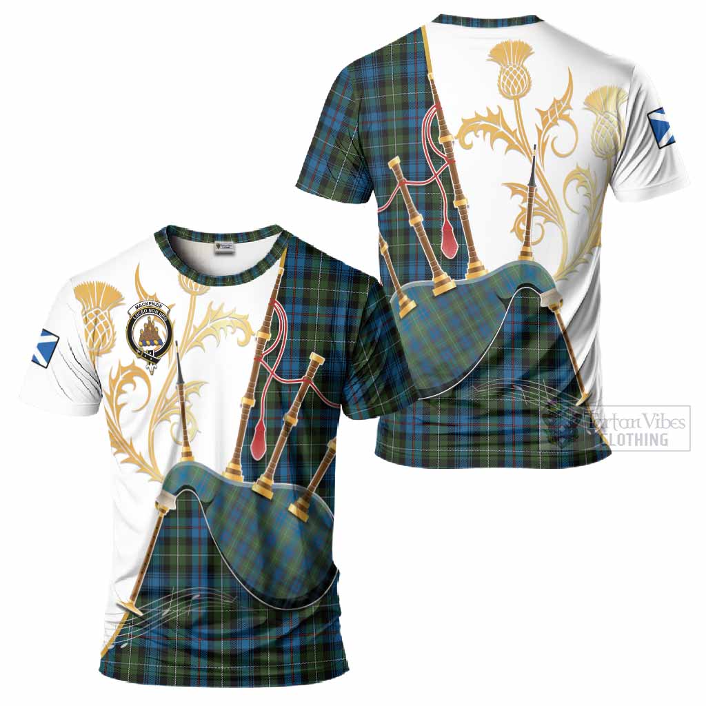 Mackenzie (Mckenzie) Tartan Family Crest T-Shirt Bagpipes with Scottish Thistle