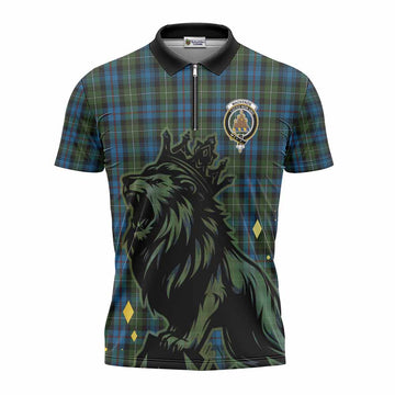 Mackenzie (Mckenzie) Tartan Family Crest Zipper Polo Shirt Crowned Lion Roaring