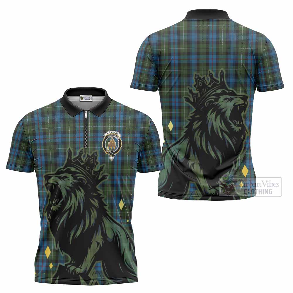 Mackenzie (Mckenzie) Tartan Family Crest Zipper Polo Shirt Crowned Lion Roaring