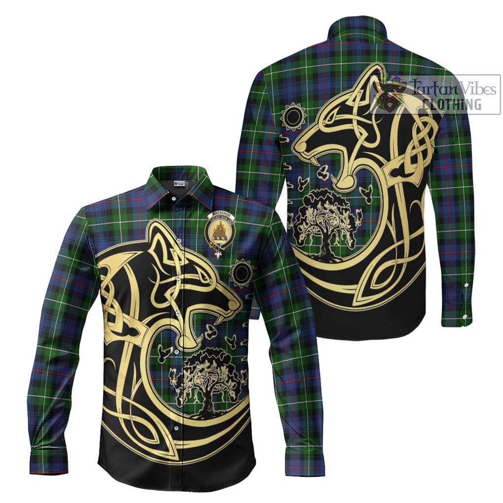 Tartan Vibes Clothing Mackenzie Modern #2 Tartan Long Sleeve Button Shirt with Family Crest Celtic Wolf Style