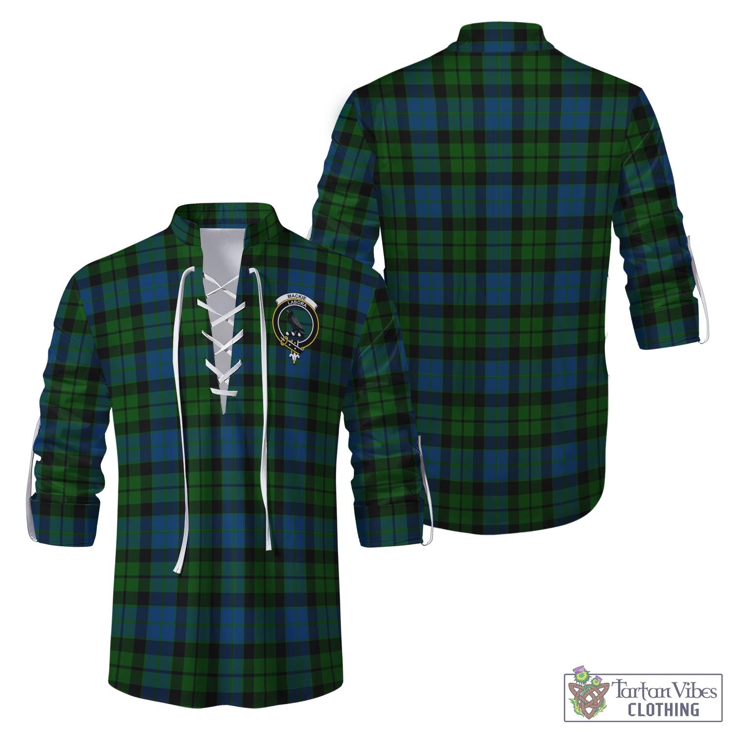 Tartan Vibes Clothing MacKie Tartan Men's Scottish Traditional Jacobite Ghillie Kilt Shirt with Family Crest