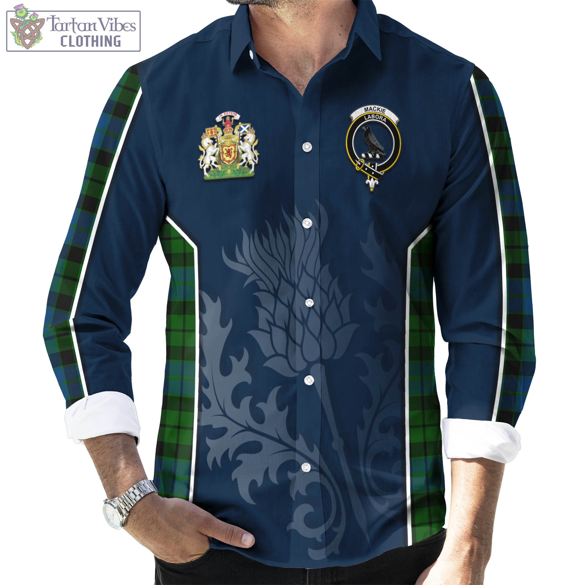 Tartan Vibes Clothing MacKie Tartan Long Sleeve Button Up Shirt with Family Crest and Scottish Thistle Vibes Sport Style