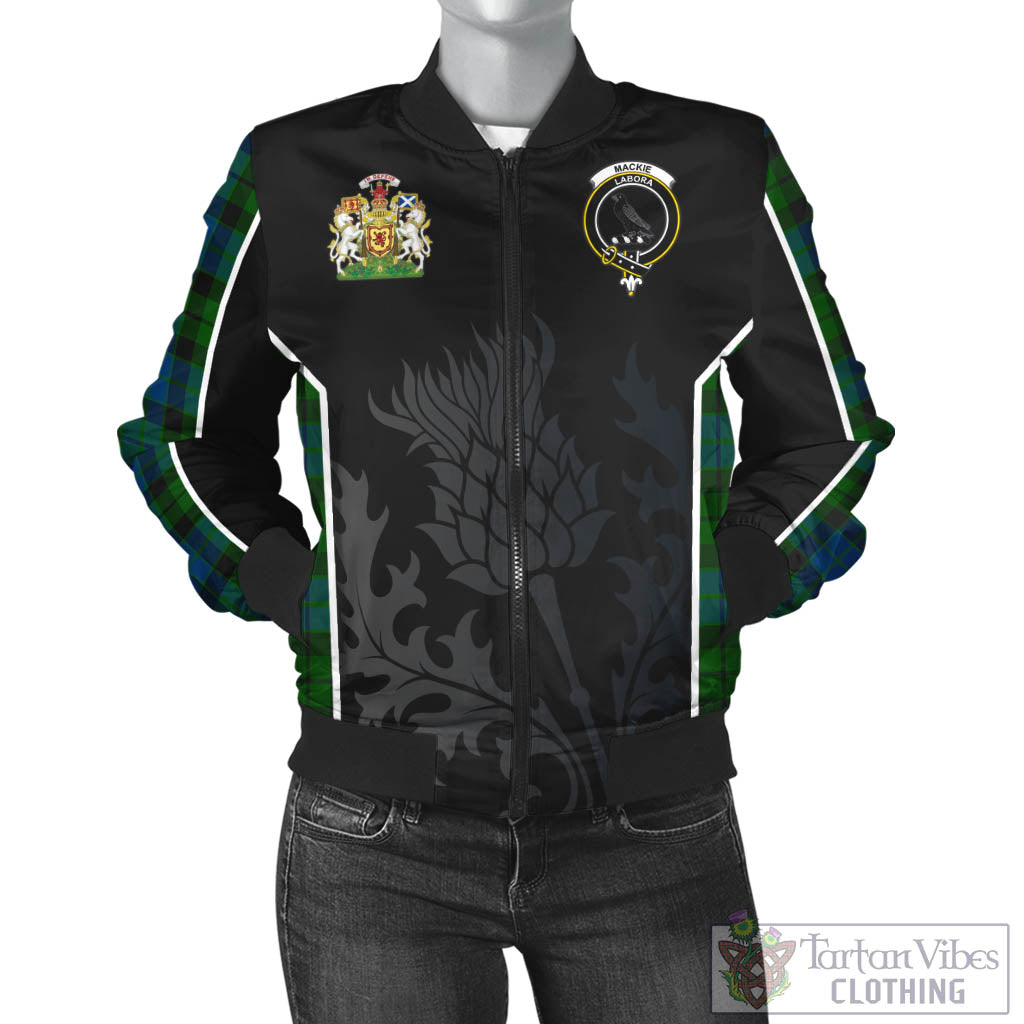 Tartan Vibes Clothing MacKie Tartan Bomber Jacket with Family Crest and Scottish Thistle Vibes Sport Style