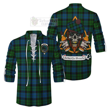 Tartan Vibes Clothing MacKie (McKie) Tartan Ghillie Kilt Shirt with Family Crest and Bearded Skull Holding Bottles of Whiskey