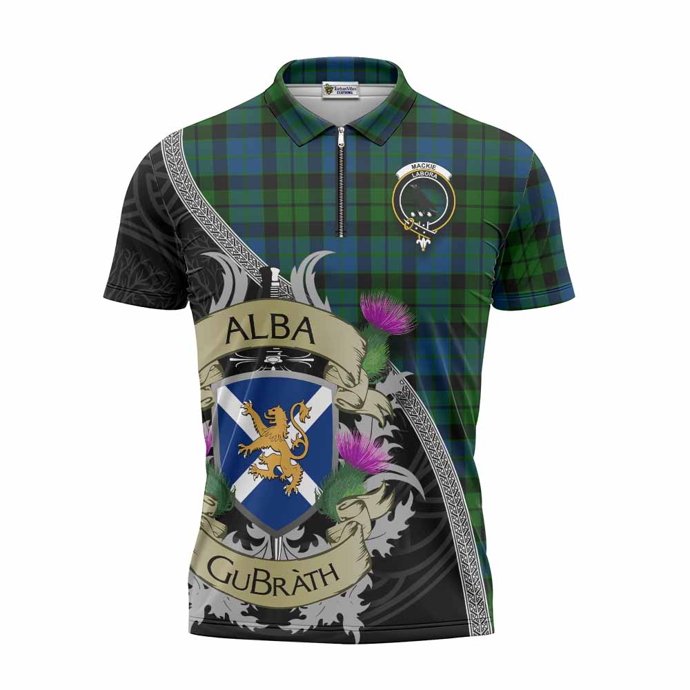 Tartan Vibes Clothing MacKie (McKie) Tartan Family Crest Zipper Polo Shirt Lion Rampant Royal Thistle Shield Celtic Inspired
