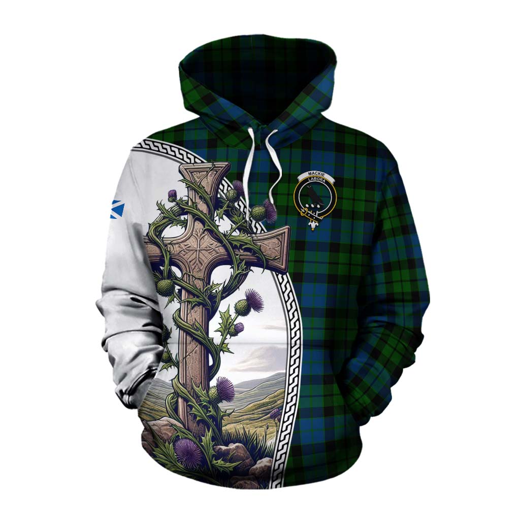 Tartan Vibes Clothing MacKie (McKie) Tartan Cotton Hoodie with Family Crest and St. Andrew's Cross Accented by Thistle Vines