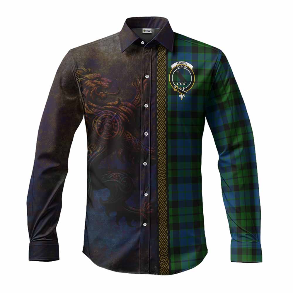 Tartan Vibes Clothing MacKie (McKie) Tartan Family Crest Long Sleeve Button Shirt Alba Gu Brath Be Brave Lion Ancient Style