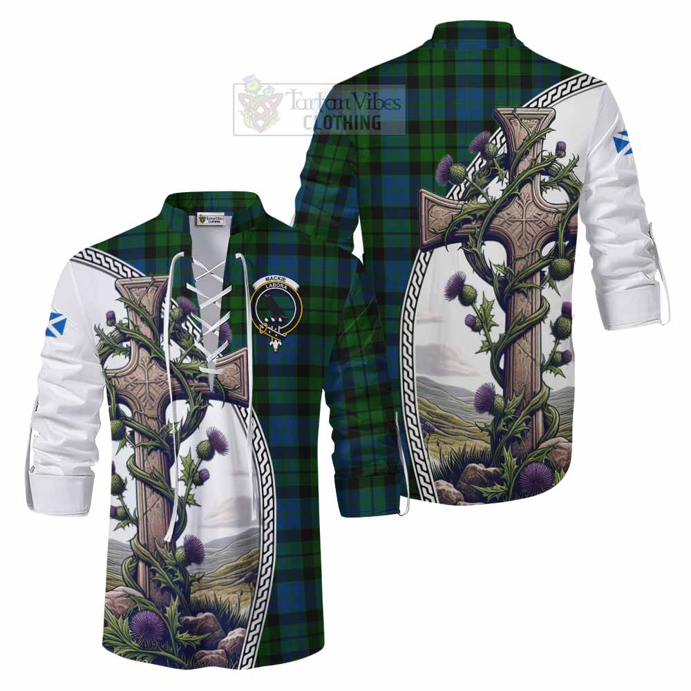 Tartan Vibes Clothing MacKie (McKie) Tartan Ghillie Kilt Shirt with Family Crest and St. Andrew's Cross Accented by Thistle Vines