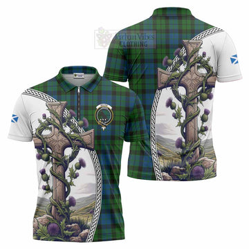 Tartan Vibes Clothing MacKie (McKie) Tartan Zipper Polo Shirt with Family Crest and St. Andrew's Cross Accented by Thistle Vines