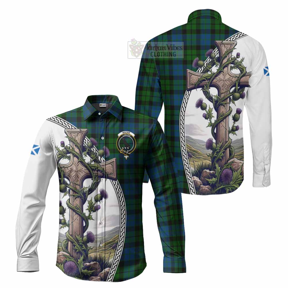 Tartan Vibes Clothing MacKie (McKie) Tartan Long Sleeve Button Shirt with Family Crest and St. Andrew's Cross Accented by Thistle Vines