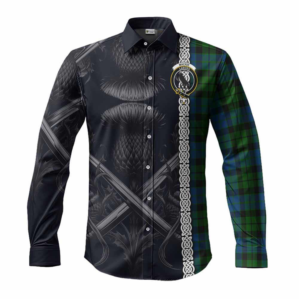 Tartan Vibes Clothing MacKie (McKie) Tartan Long Sleeve Button Shirt with Family Crest Cross Sword Thistle Celtic Vibes