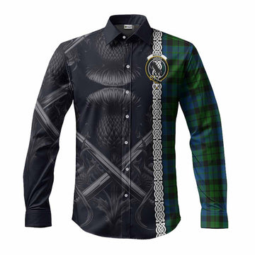Tartan Vibes Clothing MacKie (McKie) Tartan Long Sleeve Button Shirt with Family Crest Cross Sword Thistle Celtic Vibes