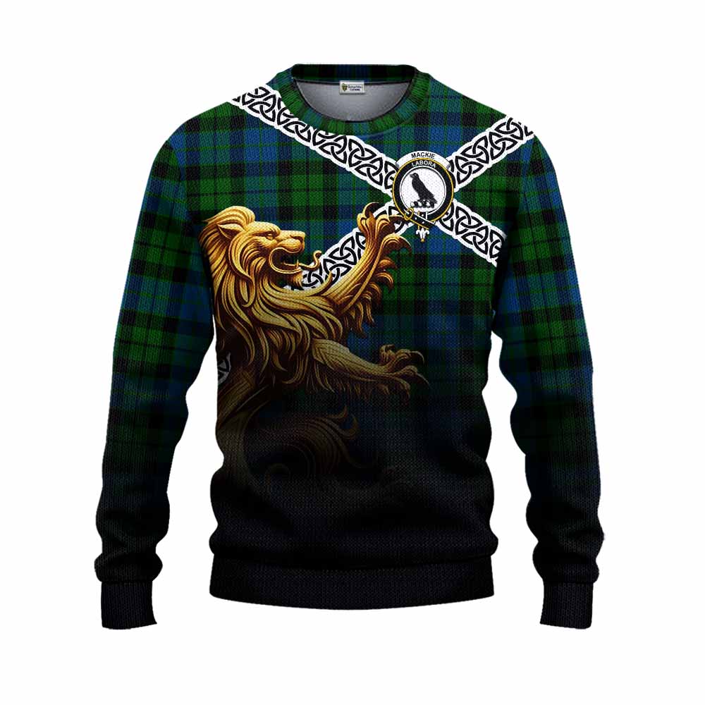 Tartan Vibes Clothing MacKie (McKie) Crest Tartan Knitted Sweater with Golden Lion Emblem Celtic Style