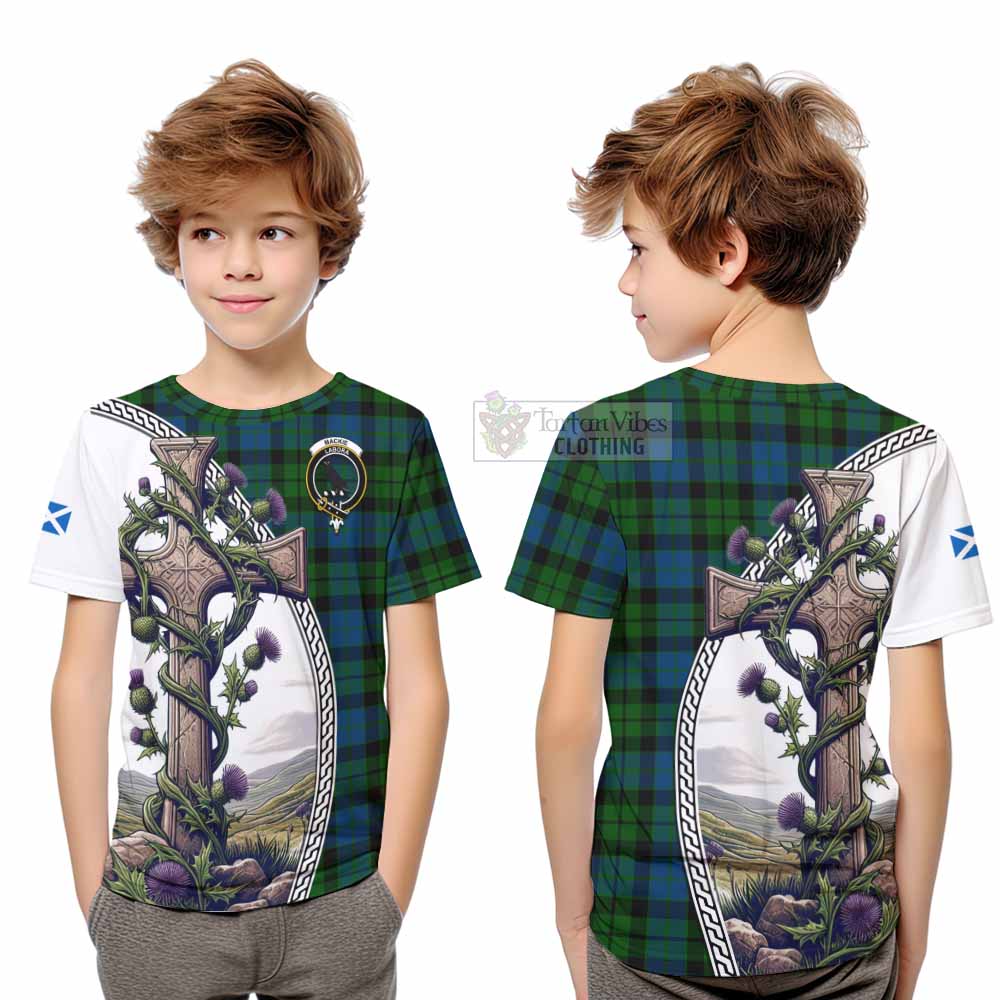 Tartan Vibes Clothing MacKie (McKie) Tartan Kid T-Shirt with Family Crest and St. Andrew's Cross Accented by Thistle Vines
