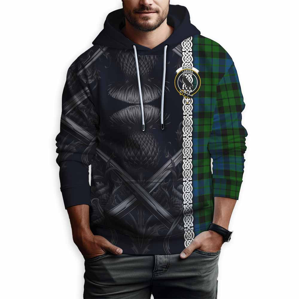Tartan Vibes Clothing MacKie (McKie) Tartan Hoodie with Family Crest Cross Sword Thistle Celtic Vibes