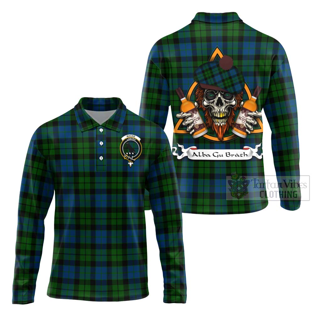 Tartan Vibes Clothing MacKie (McKie) Tartan Long Sleeve Polo Shirt with Family Crest and Bearded Skull Holding Bottles of Whiskey