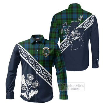 Tartan Vibes Clothing MacKie (McKie) Tartan Long Sleeve Button Shirt Featuring Thistle and Scotland Map
